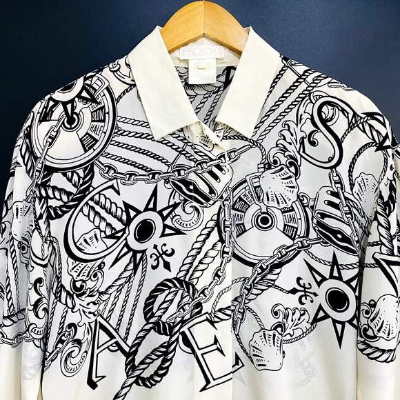 Escada By Margaretha Ley Blouse Women's Size 38 Beige Nautical Print Button Up - Picture 2 of 13